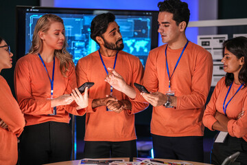 A young innovator in the near future, her smart glasses displaying an augmented reality presentation, smiles as she witnesses a breakthrough in immersive collaborative technology.