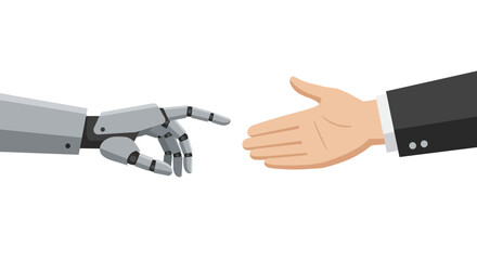 Human and robot hands reaching out, symbolizing collaboration, technological advancement, and the future of artificial intelligence in a modern business context