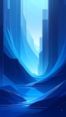 Abstract blue illustration depicts a stylized canyon with smooth, sharp-edged structures