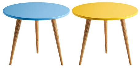  two round tables, one blue and the other yellow, with wooden legs on a transparent background in png file format