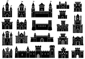 Fototapeta premium A collection of diverse castle silhouettes representing historical architecture and fantasy settings.