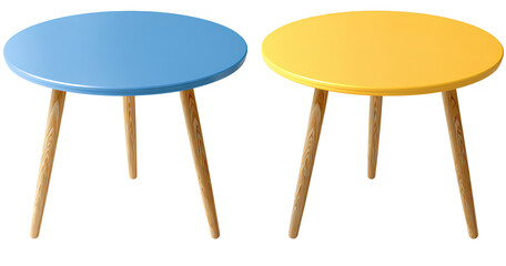  two round tables, one blue and the other yellow, with wooden legs on a transparent background in png file format