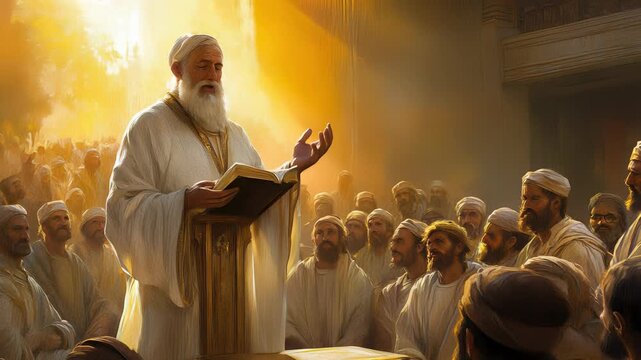 Elderly Jewish Man Reading from Torah to Congregation in Synagogue with Golden Light, Religious Ceremony, Ancient Tradition