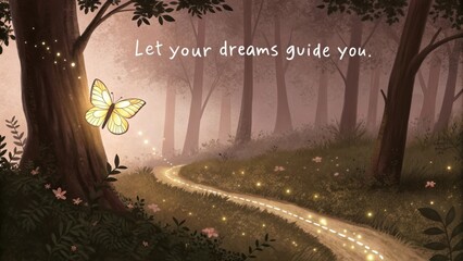 A glowing butterfly guiding through a dreamy forest path