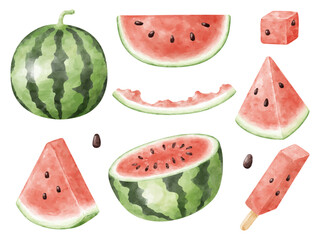 水彩画風の色々な形のスイカや種のイラストセット