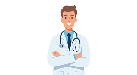 Fototapeta premium Smiling friendly cartoon male doctor illustration wearing lab coat and stethoscope, arms crossed, embodying professional healthcare and medical expertise with a welcoming demeanor