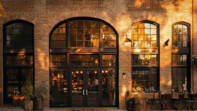 Exterior of a Chic Restaurant with Brick Facade, Arched Windows, and Outdoor Seating at Golden Hour Sunset