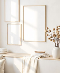 Fototapeta premium A minimalist scene featuring a sleek white vase filled with delicate dried grass, accompanied by a rustic empty picture frame, all elegantly arranged on a wooden table.