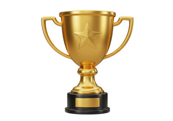Golden trophy cup with star isolated PNG on transparent background, award prize for winner and champion in competition