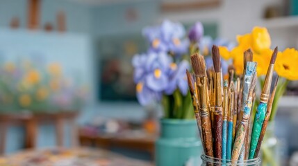 Fototapeta premium Colorful art supplies and fresh flowers in a bright studio space