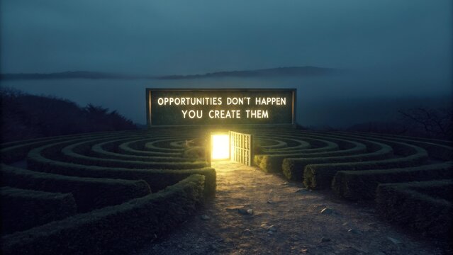 A lit up maze path leading towards an exit and a motivational quote - Powered by Adobe