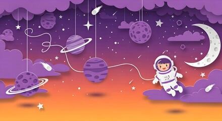 Paper Cut Space Adventure Cute Astronaut Exploring Galaxy with Planets, Stars  Moon