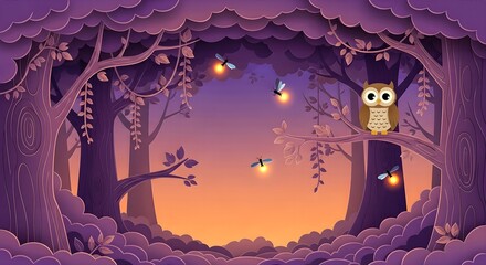 Magical Forest Owl with Fireflies, Whimsical Cartoon Night Woods Illustration, Dreamy Children's Book Art