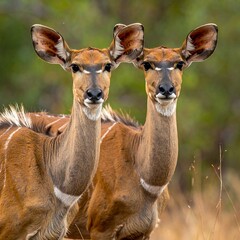 Obraz premium Two alert, striped-patterned antelopes with large ears gaze at the camera