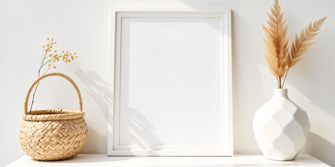 White frame mockup with dry flowers in vase near the wall. A white vase with bouquet on a shelf, with a blank white frame next to it