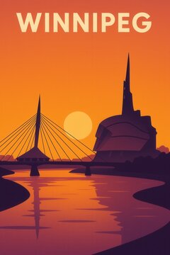 Sunset illustration of Winnipeg Manitoba featuring the Esplanade Riel bridge over the Red River with Canadian Museum for Human Rights in silhouette