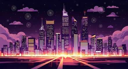 Vibrant Futuristic City Skyline at Night with Neon Lights, Purple Sky. Dynamic Urban Cyberpunk Metropolis