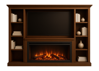 Spacious entertainment center with an electric fireplace, ideal for a cozy family room.