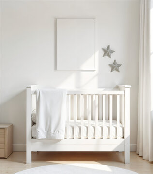 modern nursery room with a light wooden crib centered against a soft-toned wall, above it a large empty picture frame mockup