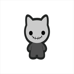 Cartoonish Cat Monster Icon Vector Illustration - Spooky Feline Character with Cute Smile and Stitched Mouth Expression for Halloween
