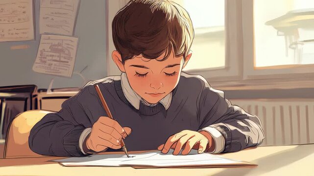 Focused Young Student Writing at Desk in Classroom, Educational Illustration of Boy Completing Schoolwork with Pencil, Learning and Concentration
