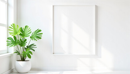 Fototapeta premium Modern interior with a blank framed picture on a white wall and a potted plant