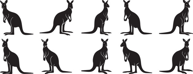 A group of Kangaroo animal silhouette vector, black and white silhouette vector illustration