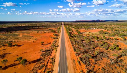 Aerial shot of a long, straight road disappearing into the distance, surrounded by arid red landscape