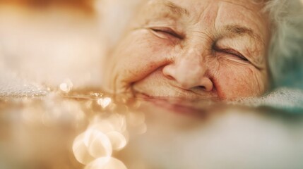 Joyful elderly woman relaxing in a spa with bubbles and soft light