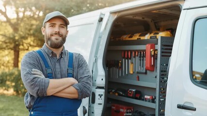 Reliable handyman with work van ready for service calls, offering professional repairs and maintenance with a friendly smile and fully equipped vehicle