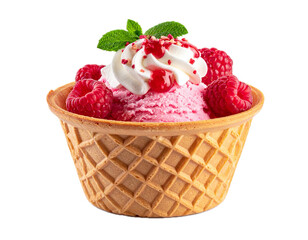 Isolated raspberry ice cream in waffle bowl with white cream and berry toppings on top