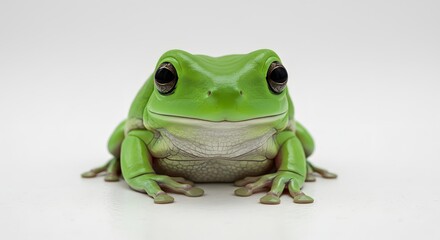 Naklejka premium A vibrant green frog sits on a clean white surface, staring directly at the viewer
