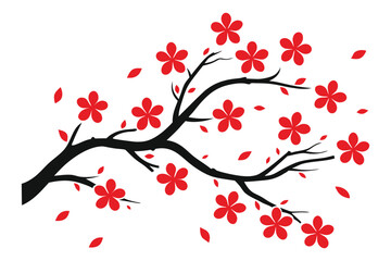 Cherry blossom branch vector illustration with red flowers, falling leaves, and minimal floral design.
