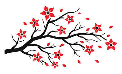 Decorative spring floral branch vector with bright red flowers and dynamic falling petals.