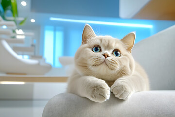 An adorable, fluffy, cream-colored cat with blue eyes relaxing on a sofa in a modern home.