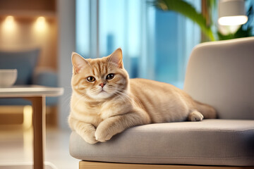 A beautiful ginger tabby cat with amber eyes relaxing on a grey armchair in a modern apartment.