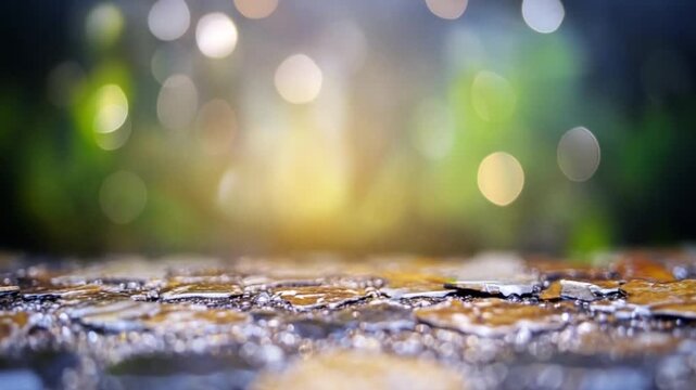 Reflections and Bokeh: A shimmering display of water, capturing the interplay of light and texture creating a dreamlike bokeh effect, with gentle greens in the background.