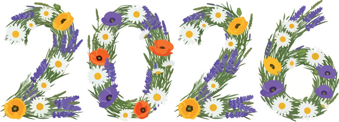 Obraz premium Delicate Wildflower Meadow Year 2026 Typography with Daisy and Lavender