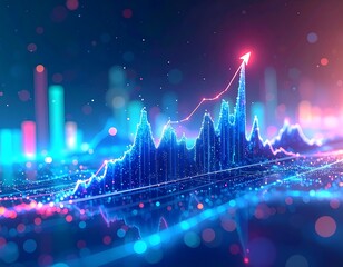Abstract financial data visualization showing upward trend, glowing lines, and data points