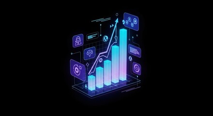 floating holographic bar chart with glowing upward graph and data analytics icons, neon blue and purple light, on black background, futuristic D UI concept