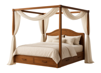 A stylish canopy bed with hidden drawers, combining elegance and storage for a spacious
