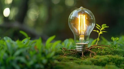 Light Bulb Surrounded by Greenery and Nature, Symbolizing Innovation and Eco-Friendly Ideas in Forest Setting
