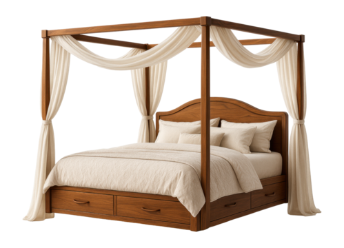 A stylish canopy bed with hidden drawers, combining elegance and storage for a spacious