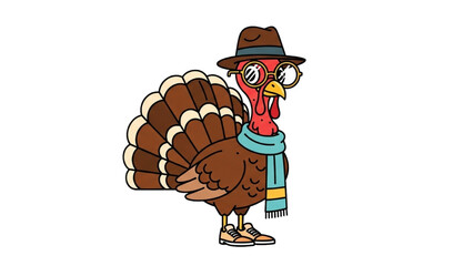 Happy Thanksgiving Turkey Wearing a Hat and Scarf Illustration