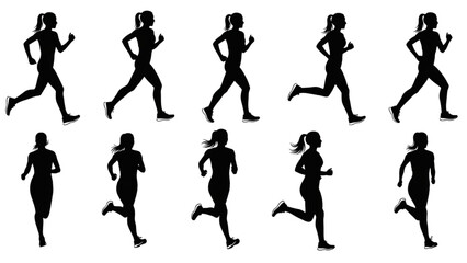 Silhouette sequence of a woman running, demonstrating motion and exercise
