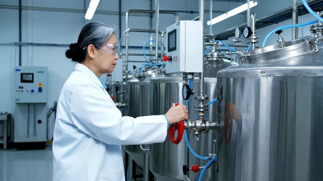 Inspecting bioreactor tank valve system. Scientist checks gauge on reactor. Technician monitors panel and equipment. Pipes and connection highlight industrial process. Clean lab environment. Workflow.