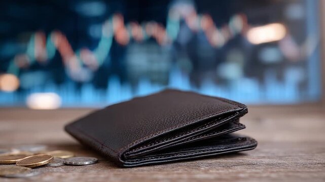 Financial Wallet: A close-up shot of a leather wallet with some coins on a wooden surface in front of a blurry financial data screen.