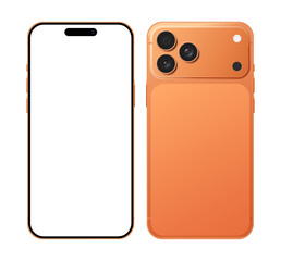 Apple iPhone 17 Pro Max realistic orange frame mobile phone mockup template in front and back side. Modern smartphone device with blank display vector illustration