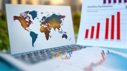 Global Analytics Unveiled: A laptop displays the world map amidst vibrant charts and graphs, visualizing complex data and insights to drive business strategy. - Powered by Adobe