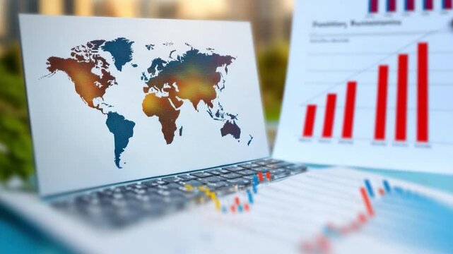 Global Analytics Unveiled: A laptop displays the world map amidst vibrant charts and graphs, visualizing complex data and insights to drive business strategy.